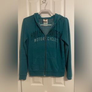 Harley-Davidson Teal Zip-up Hoodie with Orange Logo